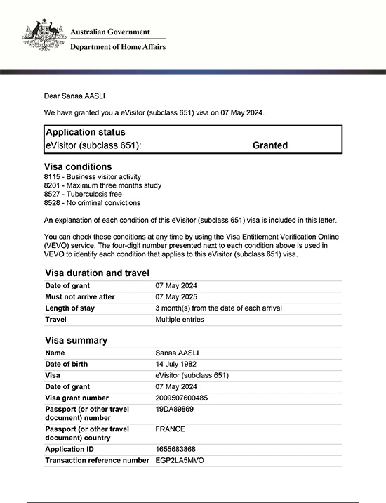 Australia Business Australia eVisitor Visa Grant Copy